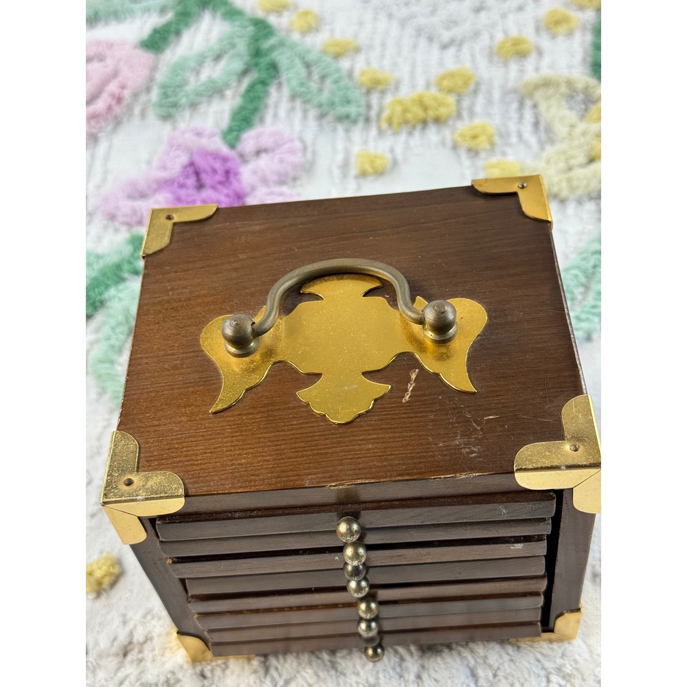 Vintage Gourmet Royale Ltd Wood Coaster Set 6 Piece Brass Trim Storage Box - Picture 6 of 9